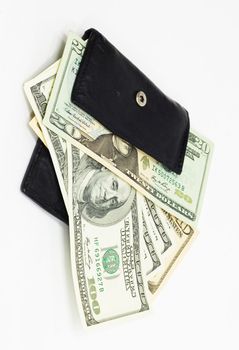 leather black wallet with ten and hundred dollars 