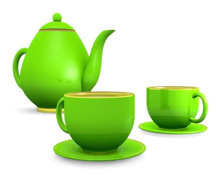 cups with teapot over white, 3d illustration