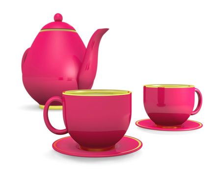 cups with teapot over white, 3d illustration