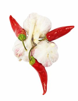 red chili pepper with garlic on white 