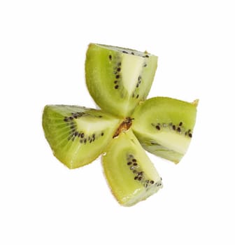 A kiwi fruit sliced open so the seeds are visible 