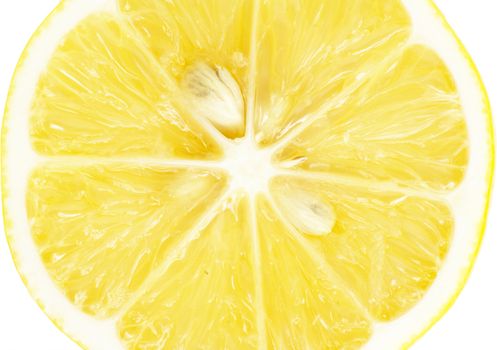 Single cross section of lemon. Isolated on white background. Close-up. Studio photography. 
