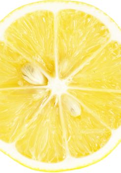 Single cross section of lemon. Isolated on white background. Close-up. Studio photography. 
