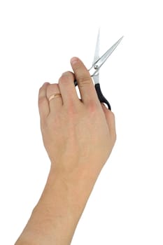 hand with hair cutting scissors, isolated on white 