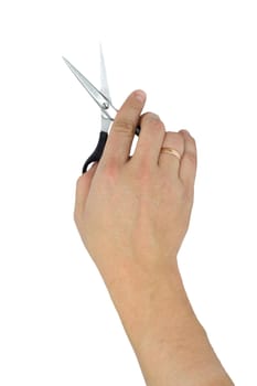 hand with hair cutting scissors, isolated on white 