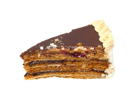 A piece of chocolate cake, isolated on a white background. 