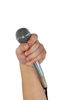 Microphone in hand isolated on white 