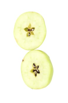 fresh green apple cut into slices. isolated on white background 