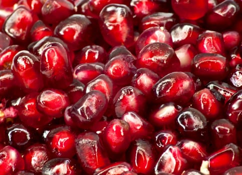 Extreme close up background of a red juicy ripe pomegranate fruit seeds 