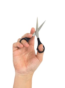 hand with hair cutting scissors, isolated on white 