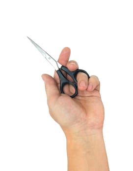 hand with hair cutting scissors, isolated on white 