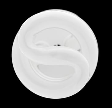 Fluorescent light bulb illuminated and taken from above and isolated against black