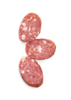 Three pieces of the sausage on white background 