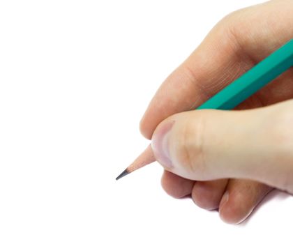 Pencil in hand isolated on white background
