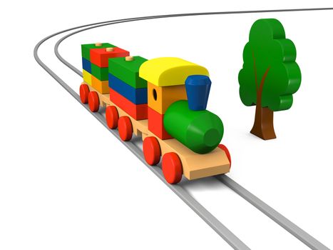 3D illustration of colorful wooden toy train on rails with a tree