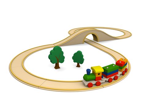 3D illustration of colorful wooden toy train with track