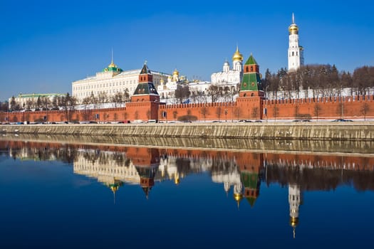 Famous Moscow Kremlin and beautiful reflection in Moskva river, Russia
