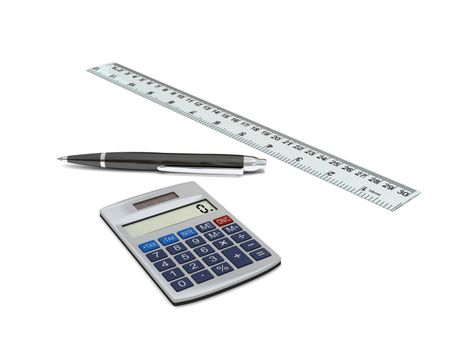 3D models of calculator, ruler and pen on white background