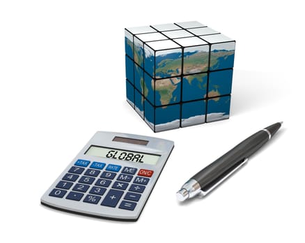 Concept of global business with calculator, pen and cubic model of Earth