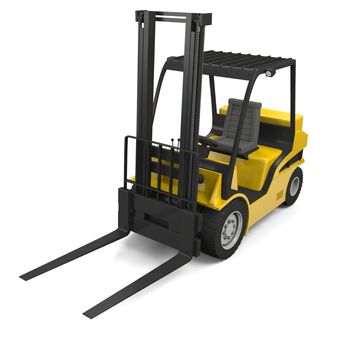 3D illustration of modern yellow forklift truck isolated on white background