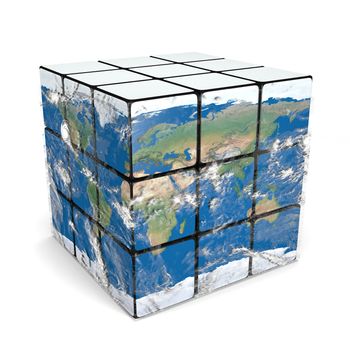 Cube representing planet Earth with atmosphere around it isolated on white background. Elements of this image furnished by NASA.