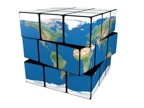 Cube representing planet Earth isolated on white background. Elements of this image furnished by NASA.