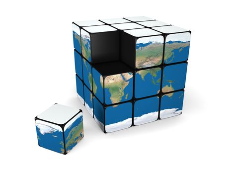 Cube representing incomplete planet Earth with one building block fallen down, isolated on white background. Elements of this image furnished by NASA.