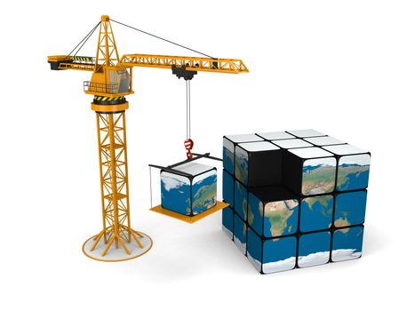 Concept of building world with crane lifting the last piece of cubic model of Earth, isolated on white background