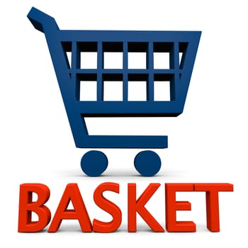 Basket sign with blue shopping trolley symbol isolated on white background