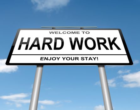 Illustration depicting a white roadsign with a hard work concept. Blue sky background.