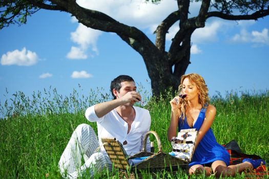 man and woman on picnic in green grass