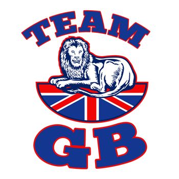 illustration of a Lion sitting on fours  with British Great Britain union jack flag in background with words team gb