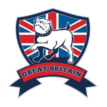illustration of a Proud English bulldog marching with Great Britain or British flag in background set inside a shield with words "great britain" suitable for any sports team mascot