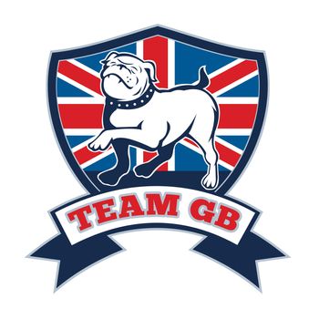 illustration of a Proud English bulldog marching with Great Britain or British flag in background set inside a shield with words "team gb" suitable for any sports team mascot