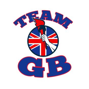 Retro illustration of an athlete hand holding a flaming torch with union jack Great Britain British flag set inside circle on isolated white background with words team gb