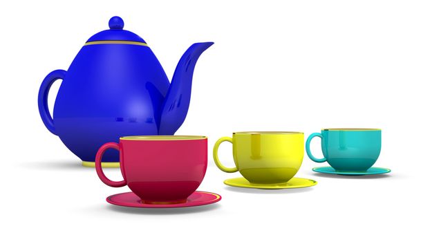 cups with teapot over white, 3d illustration