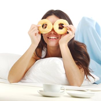 woman wake and see morning coffee