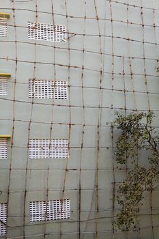 Generic to India, this image was shot in Bombay, bamboo wood scaffolding tied with coconut rope for outdoor painting contractors.