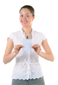 Young woman is presenting empty business card. Isolated on white background.