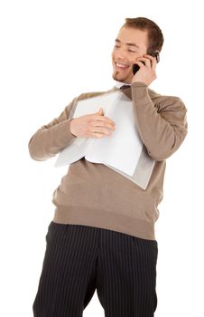 Man with paperwork in hands is completely happy with news by phone. Isolated on white background.