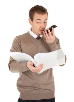 Man with  is looking in papers in a file and dictating in mobile phone . Isolated on white background.