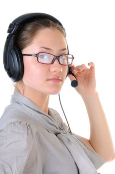 Call-center representative with headset on white background