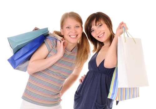 Two young casual beauty women with purchases isolated on white background
