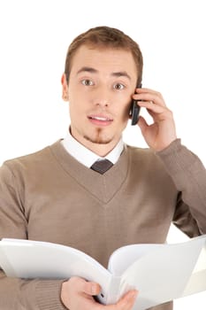 Surprised man with mobile phone is looking in camera with file in his hand. Isolated on white background.