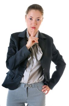 Young standing business woman in jacket is gesturing sigh quiet on white background