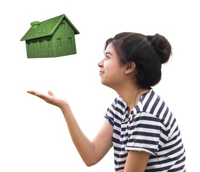 woman holding eco house,sustainable concept isolated on white.