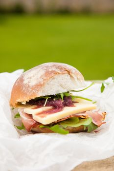 Big sandwich with cheese, lettuce, onionchutney and prosciutto