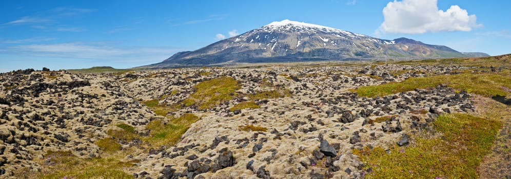 Volcano Snaefell on the western end of Icelandic peninsula Snaefellsnes is covered by a glacier Snaefellsjokull, panoramic photo 