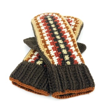 Two crocheted mittens on a white background