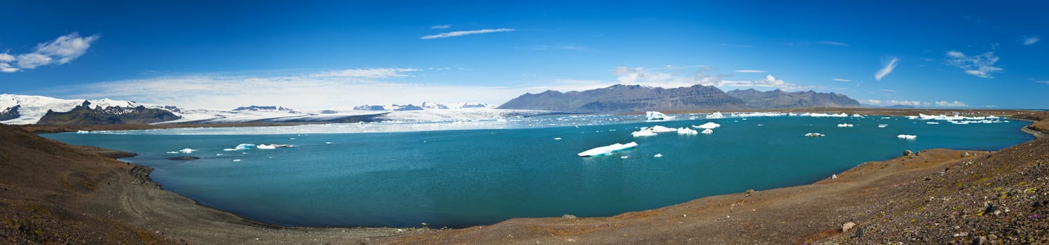 Beautiful panoramic photo of Jokulsarlon Glacial lake full of floating icebergs